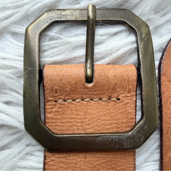 Boho Western Studded Tan Distressed Leather Belt with Brass Tone Angled Buckle L main image 10